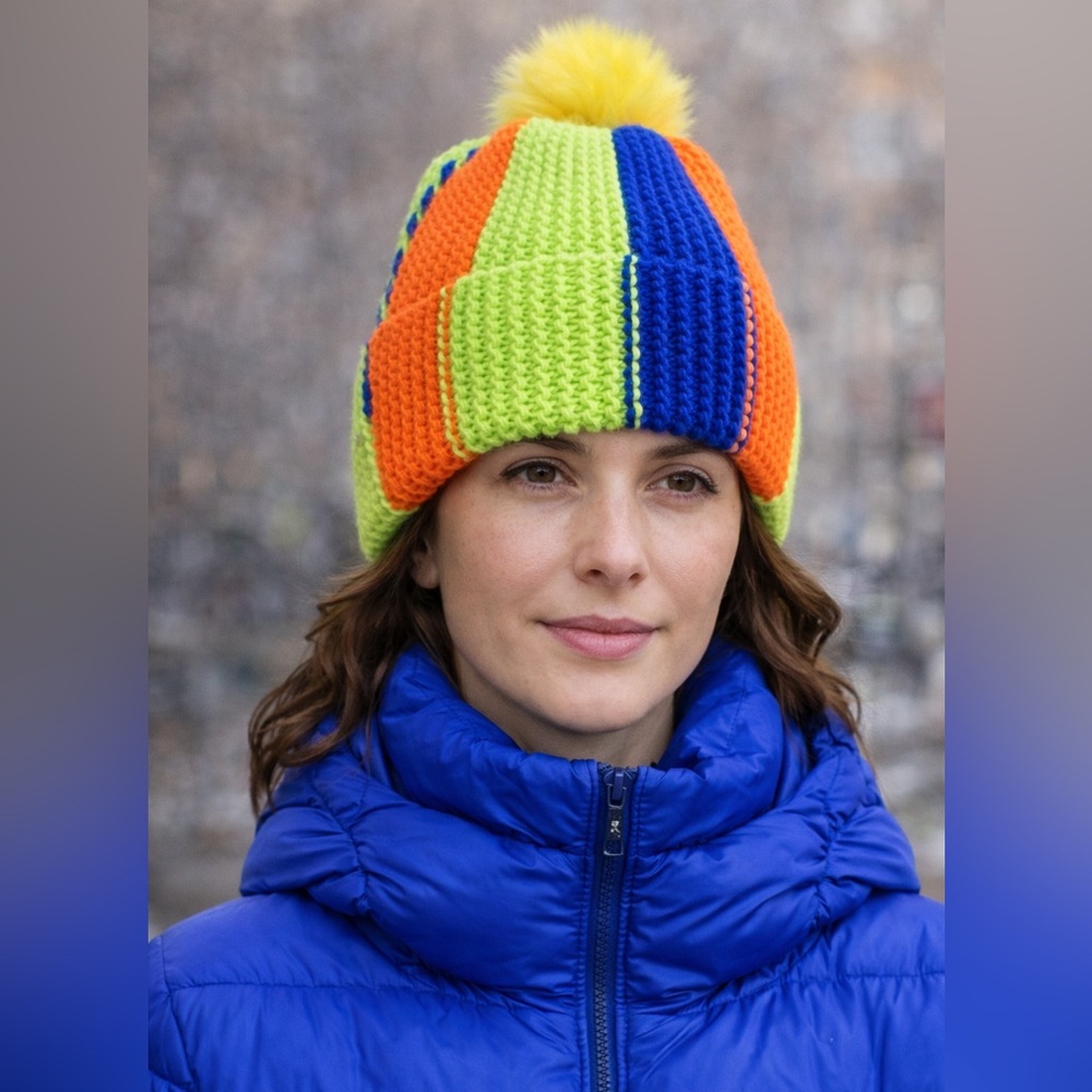 Hand-Knitted Color Block Orange Blue Green Beanie with Faux Fur Pom-Pom